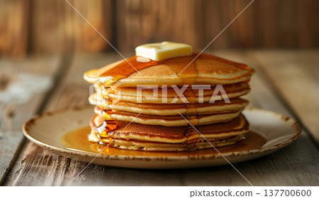 蓬鬆的楓糖漿煎餅早餐背景（AI圖像） 137700600