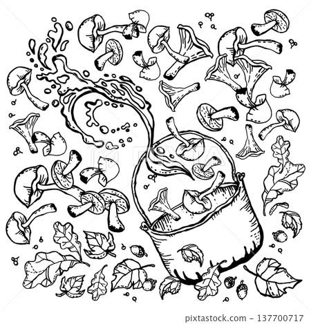 Camping cauldron with mushroom soup Camping cauldron with mushroom soup 137700717