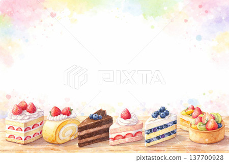 甜點系列：咖啡桌風格的背景，擺放著一排蛋糕 137700928