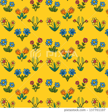 Bright Floral Seamless Pattern with Hand Drawn Flowers on Yellow Background Bright Floral Seamless Pattern with Hand Drawn Flowers on Yellow Background 137701107
