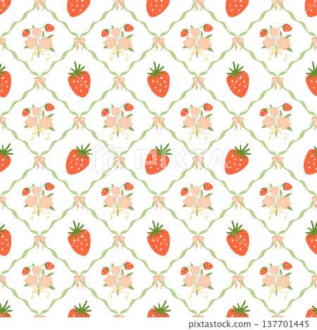 Coquette strawberry bow summer seamless pattern. Vector preppy wallpaper, trellis berry print Coquette strawberry bow summer seamless pattern. Vector preppy wallpaper, trellis berry print 137701445