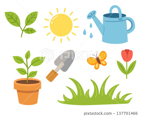 Spring garden set with watering can, shovel, sprout and tulip flower 137701466