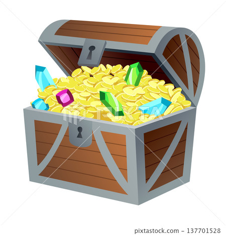 Treasure gold coins. Chest full of shiny royal gold and gemstones. Gold treasure, shiny savings, golden coins isolated on white background. Vector cartoon icon Treasure gold coins. Chest full of shiny royal gold and gemstones. Gold treasure, shiny savings, golden coins isolated on white background. Vector cartoon icon 137701528