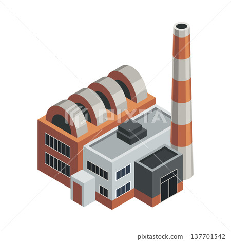 Isometric factory. Concept of industrial plant with chimney tower or pipes. Industrial bulding. 3d isolated icon. Architecture of manufacture house Isometric factory. Concept of industrial plant with chimney tower or pipes. Industrial bulding. 3d isolated icon. Architecture of manufacture house 137701542