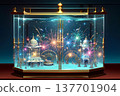 Game background: A virtual museum exhibit capturing fireworks and a city. 137701904