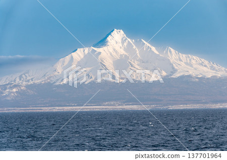 從海上眺望白雪皚皚的利尻山，冬日美景盡收眼底。 137701964
