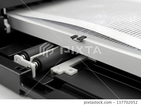 Ultra-detailed photo of office printer ejecting paper during work process, showing sharp mechanical elements and clean environment 137702052