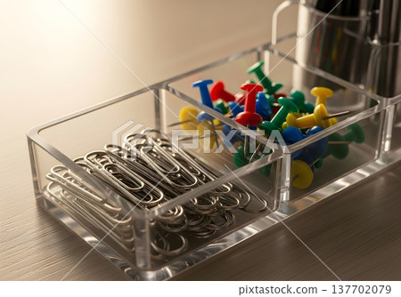 Close-up of neatly organized paper clips and push pins in acrylic tray on office desk with soft morning lighting and ultra-clear detail 137702079