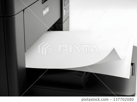 Side view of modern office printer printing blank paper, captured mid-motion with sharp focus, clean background and realistic texture 137702080