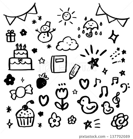 Set of hand drawn ornaments. Illustrations of emotions such as stars, hearts, attention, musical notes, etc. Vector icons of comic symbols and symbols. 137702089