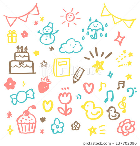 一組手繪裝飾圖案。包含星星、愛、注意力、音符等各種情緒的插圖。以及漫畫符號和各種標誌的向量圖示。 137702090