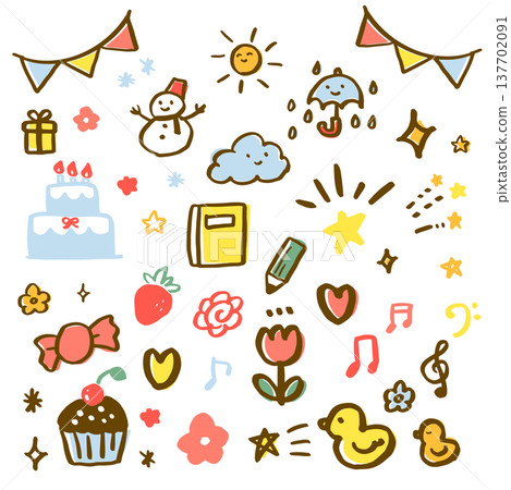 一組手繪裝飾圖案。包含星星、愛、注意力、音符等各種情緒的插圖。以及漫畫符號和各種標誌的向量圖示。 137702091
