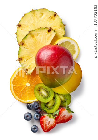 Vitamin C rich fruits arranged on white background, top view Vitamin C rich fruits arranged on white background, top view 137702183