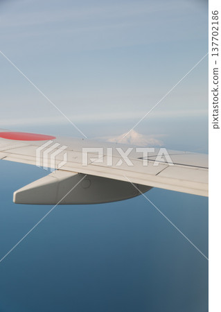 The majestic view of Mount Rishiri in a snowy landscape, as seen from an airplane. The majestic view of Mount Rishiri in a snowy landscape, as seen from an airplane. 137702186