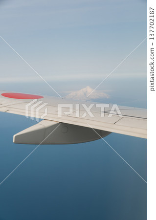 The majestic view of Mount Rishiri in a snowy landscape, as seen from an airplane. The majestic view of Mount Rishiri in a snowy landscape, as seen from an airplane. 137702187