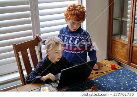 Two young boys are sitting at a table looking at a laptop 137702730