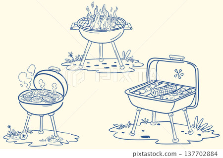 BBQ grill outline set with charcoal barbecue cookers in hand drawn style BBQ grill outline set with charcoal barbecue cookers in hand drawn style 137702884