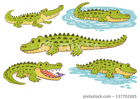 Crocodile cartoon set with funny baby alligators in childlike hand drawn style Crocodile cartoon set with funny baby alligators in childlike hand drawn style 137702885
