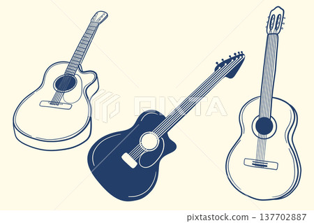 Guitar outline set with acoustic and electric instruments in vintage line style 137702887