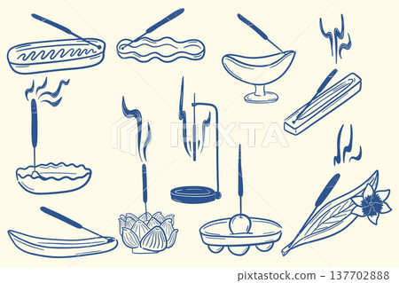 Incense sticks and holders outline set for meditation and aromatherapy in zen line style 137702888