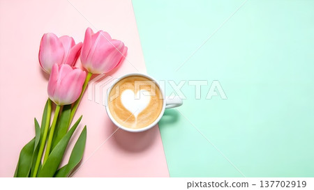 A two-tone background of light pink and mint green, featuring a cafe latte and pink tulips. Copy space A two-tone background of light pink and mint green, featuring a cafe latte and pink tulips. Copy space 137702919