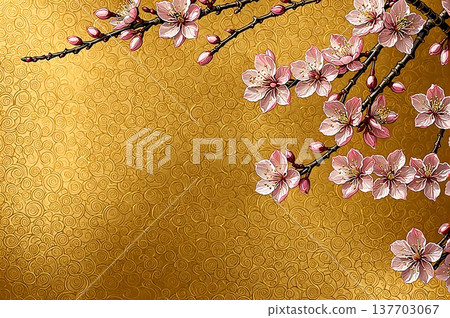 日式櫻花背景：金色日式紋理與櫻花 137703067