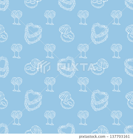 A seamless pattern with a coastal wedding theme. Hand-drawn cake, glasses with shells, and rings. Pastel blue background. A Mediterranean nautical wedding. Coastal and beach theme. Vector outline A seamless pattern with a coastal wedding theme. Hand-drawn cake, glasses with shells, and rings. Pastel blue background. A Mediterranean nautical wedding. Coastal and beach theme. Vector outline 137703161