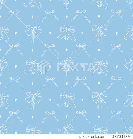 Pastel white bows and hearts on a blue background. Seamless girlish pattern of vintage ribbons and bows, vector line art, flirty feminine print, hand-drawn. Delicate retro illustration for holidays 137703179