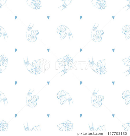 Seamless shell pattern. A womans hand with bracelets holds a seashell. Hand-drawn blue illustrations on a white background. Nautical pastel design. Coastal and beach theme. Vector outline background. Seamless shell pattern. A womans hand with bracelets holds a seashell. Hand-drawn blue illustrations on a white background. Nautical pastel design. Coastal and beach theme. Vector outline background. 137703180