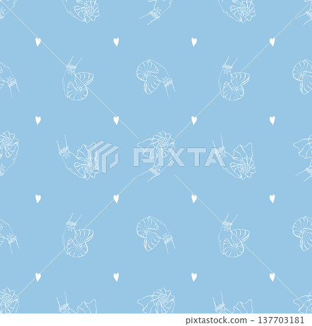 Seamless shell pattern. A womans hand with bracelets holds a seashell. Hand-drawn white illustrations on a blue background. Nautical pastel design. Coastal and beach theme. Vector outline background. Seamless shell pattern. A womans hand with bracelets holds a seashell. Hand-drawn white illustrations on a blue background. Nautical pastel design. Coastal and beach theme. Vector outline background. 137703181