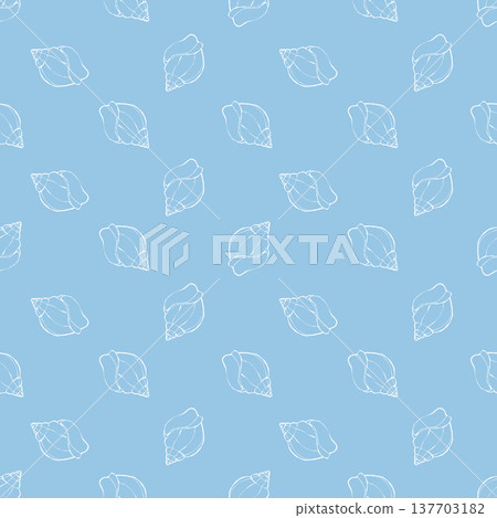 Shells seamless pattern. Hand drawn white seashells on blue background. Marine pastel design. Coastal and beach theme. Vector outline illustration 137703182
