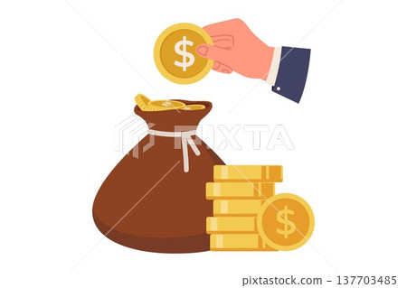 Hand Putting Gold Coin into Money Bag for Fixed Deposit Hand Putting Gold Coin into Money Bag for Fixed Deposit 137703485