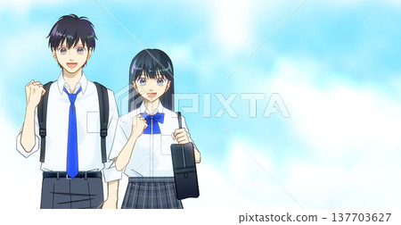 A refreshing blue sky, and an anime-style illustration of high school or middle school students (male or female) in summer clothes. 137703627
