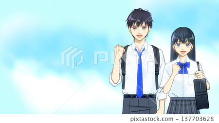 A refreshing blue sky, and an anime-style illustration of high school or middle school students (male or female) in summer clothes. A refreshing blue sky, and an anime-style illustration of high school or middle school students (male or female) in summer clothes. 137703628