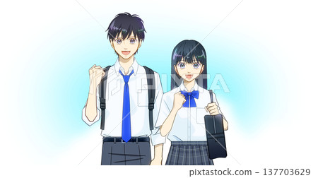 一幅動漫風格的插圖，描繪了一名高中或初中男生和一名女生身穿夏裝，背景是清爽的藍天。 137703629