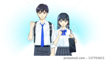 An anime-style illustration of a high school or middle school student boy and girl in summer clothes against a background resembling a refreshing blue sky. An anime-style illustration of a high school or middle school student boy and girl in summer clothes against a background resembling a refreshing blue sky. 137703631