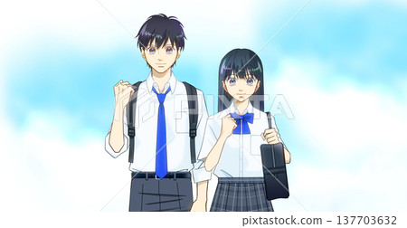 湛藍的天空，以及身著夏裝的高中或國中男生或女生的動漫風格插圖。 137703632