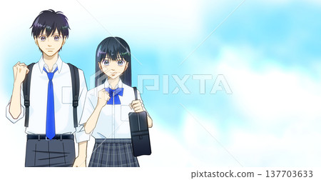 湛藍的天空,以及身著夏裝的高中或國中男生或女生的動漫風格插圖。 湛藍的天空,以及身著夏裝的高中或國中男生或女生的動漫風格插圖。 137703633