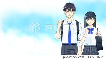 湛藍的天空，以及身著夏裝的高中或國中男生或女生的動漫風格插圖。 137703634
