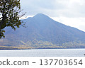 Lake Shikotsu and the surrounding mountains: A breathtaking view of the lakeside ablaze with autumn colors. 137703654