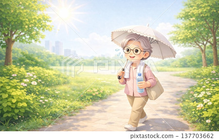一幅插圖，描繪了一位笑容燦爛的祖母在春天沿著自然小徑散步。 137703662