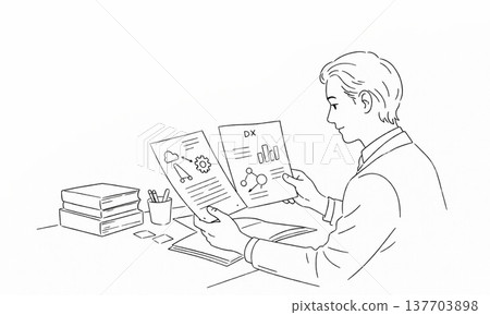 一幅描繪商人檢查文件的線條描插圖 137703898