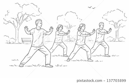 一幅線條畫，描繪了一群精力充沛的老年人在公園裡做運動。 137703899