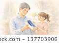 一幅描繪孩子在父親節送給父親禮物的插圖。 137703906