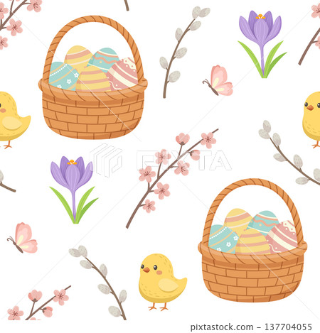 Easter seamless pattern with Easter basket and chick Easter seamless pattern with Easter basket and chick 137704055