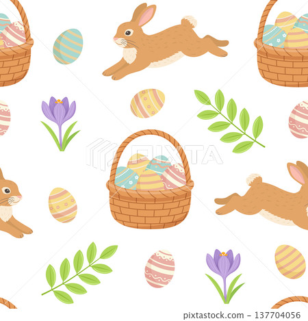 Easter seamless pattern with Easter basket and rabbit Easter seamless pattern with Easter basket and rabbit 137704056