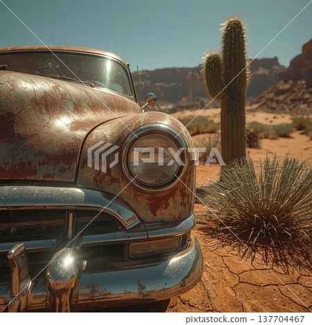 沙漠中廢棄的汽車和仙人掌 137704467