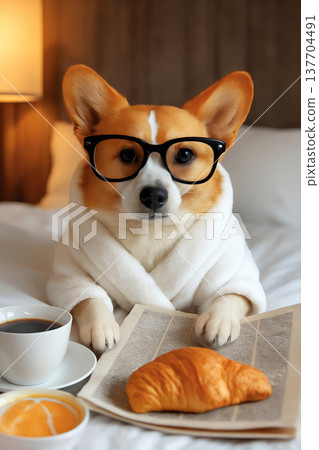 Cute corgi dog in glasses and bathrobe having breakfast in bed with coffee and croissant. Ideal for advertising posters and postcards, pet stores and food brands, morning rituals, hotels, spa, humor Cute corgi dog in glasses and bathrobe having breakfast in bed with coffee and croissant. Ideal for advertising posters and postcards, pet stores and food brands, morning rituals, hotels, spa, humor 137704491