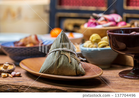 Traditional handmade rice dumplings and abundant ingredients for Dragon Boat Festival 137704496