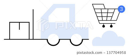 E-commerce, logistics, online retail, delivery tracking, shopping cart notification, cloud storage. Truck with a box and shopping cart icon with notification. E-commerce and logistics concept E-commerce, logistics, online retail, delivery tracking, shopping cart notification, cloud storage. Truck with a box and shopping cart icon with notification. E-commerce and logistics concept 137704958